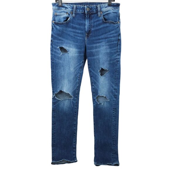 American Eagle Next Level Flex Slim Straight Jeans Mens 32 x 33 Distressed Denim - Picture 1 of 15